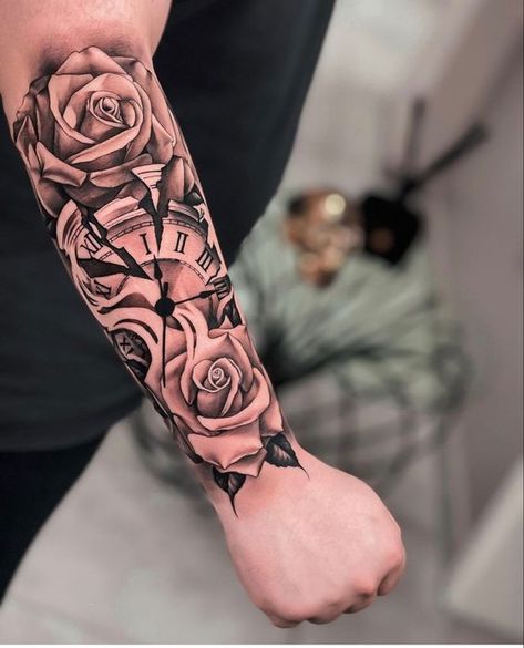 Tattoo Trends 2023, Ink Magic, Broken Clock, Rose Tattoo On Arm, Neon Tattoo, Rose Tattoos For Men, Cross Tattoo For Men, Forearm Sleeve, Men Tattoos Arm Sleeve