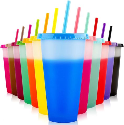 EASEVE 12 Pack 24oz Colour Changing Cups Tumblers with Lids & Straws - Reusable Plastic Cups Iced Coffee Cup Cold Water Party Tumbler for Kids Children Adults Travel Mugs for Drinks Reusable Plastic Cups, Iced Coffee Drinks, Straw Cover, Kid Drinks, Reducing Waste, Water Party, Tumbler Set, Kids Tumbler, Reusable Cup