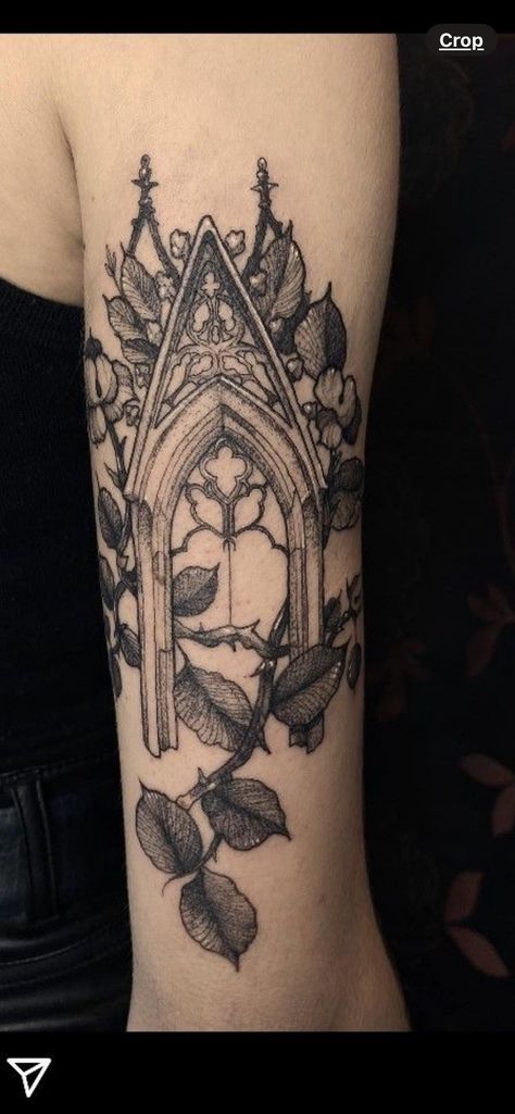 One Dark Window Tattoo, Gothic Bat Tattoo Designs, Gothic Book Tattoo, Gothic Window Tattoo Design, Gothic Ornament Tattoo, Dark Themed Tattoos, Gothic Cathedral Tattoo, Victorian Gothic Tattoo Ideas, Stained Glass Window Tattoo