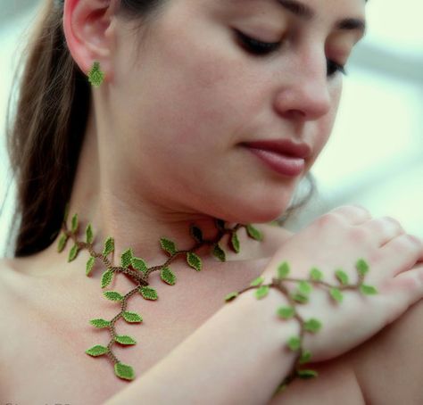 Leaf bracelet - Authentic lace, Boho wrap bracelet, lime green, fiber art - crochet by LandofDante (inspiration) Embroidery Vine, Vine Bracelet, Felted Crochet, Bold Statement Jewelry, Boho Leaves, Embroidery Bracelets, Boho Wrap Bracelet, Embroidered Leaves, Lace Bracelet