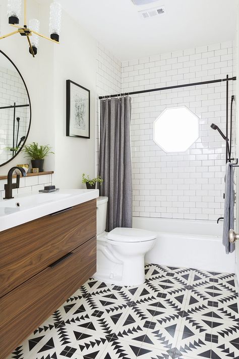 Graphic black-and-white patterned cement tile offers personality and an undeniable wow factor. Get more bathroom tile ideas here! #tileideas #bathroomfloortile #designs #redo #bathroomtiles #remodel #bathroomideas #bhg Stencil Tile, Boho Homes, Desert Boho, Patterned Tiles, Ikea Bathroom, Diy Vanity, Bathroom Tile Designs, Gorgeous Bathroom, Tile Floors