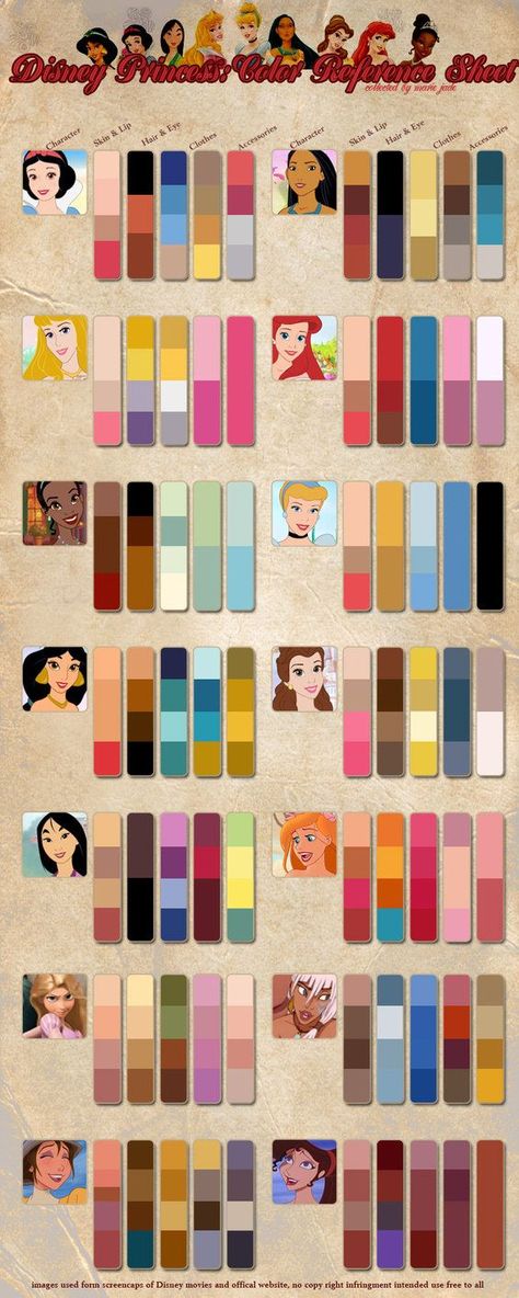 Princess Color Reference Chart Disney Amor, The Disney Princesses, Disney Princess Colors, Disney Rooms, Images Disney, Disney Makeup, Princess And The Frog, Disney Colors, Princess Coloring