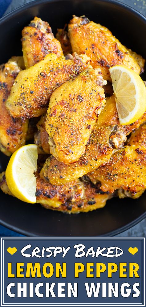 Crispy Lemon Pepper Wings, Wings Recipe Oven, Baked Lemon Pepper Wings, Lemon Pepper Chicken Wings Recipe, Appetizers Chicken, Wings Recipe Baked, Baked Lemon Pepper Chicken, Lemon Pepper Chicken Wings, Chicken Wing Recipes Baked