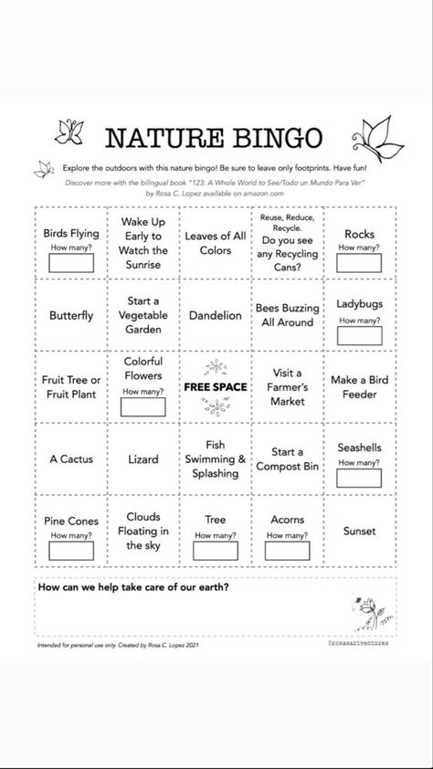 A free printable bingo game inspired by nature. Nature Bingo, Counting Books, Bird Free, Nature Hikes, Free Space, Bingo Printable, Fruit Plants, Activity Games, Book 1