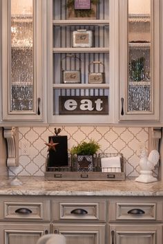 Backsplash: Tile, Antique White Arabesque, Beige; Grout: Chamois Arabesque Tile Backsplash, Antique White Kitchen Cabinets, Antique White Kitchen, Kitchen Backsplash Designs, Beige Kitchen, New Kitchen Cabinets, French Country Kitchen, The Cabinet, Backsplash Tile