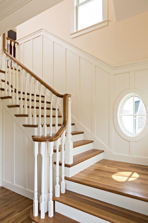 Wood Railings For Stairs, Traditional Hallway, Transitional Staircase, Red Shutters, Traditional Staircase, Staircase Remodel, Westport Ct, Coastal Living Rooms, Design Statement