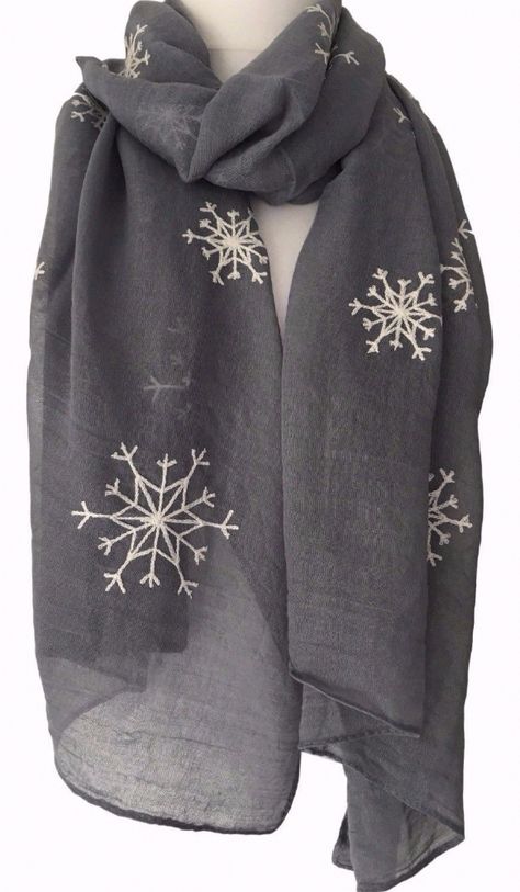 A grey scarf with a cream embroidered style snowflake pattern Soft light weight cotton blend fabric Measurements approx 72 inch 183 cm in length Embroidery Scarf, Block Print Scarf, Embroidered Scarf, Style Scarf, Handmade Embroidery Designs, Scarf Women Fashion, Stole Scarf, Embroidery On Clothes, Grey Scarf