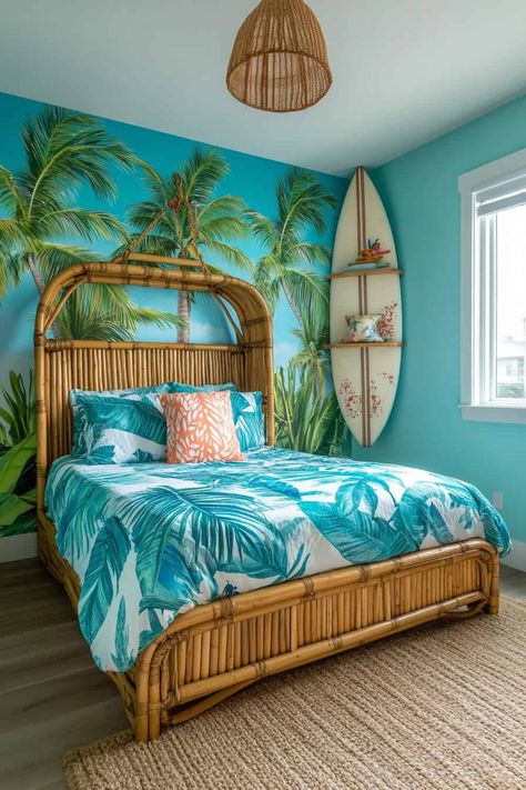 Girls bedroom Moana Bedroom Ideas Toddler, Hawaiian Theme Bedrooms, Hawaiian Bedroom Ideas, Palm Tree Bedroom, Band Room Ideas, Hawaii Room, Stitch Bedroom, Hawaiian Bedroom, Tropical Decor Ideas