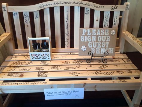 Check out this idea from a wedding we did this weekend. Having the guests all sign their bench - that is one cool guest book to remember your wedding day by! Wedding Guest Bench To Sign, 50th Anniversary Guest Book Ideas, Wedding Bench Guest Book, Guest Book Bench, Wedding Bench, Wedding Guest Book Unique, Beach Wedding Favors, 50th Wedding Anniversary, Guest Book Alternatives