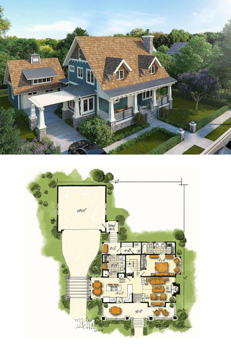 3-Bedroom Two-Story Country Home (Floor Plan) Country Bungalow, Colonial Cottage, Bungalow Style House Plans, Two Story House Plans, Two Story House, Blue Exterior, Mansion Floor Plan, House Plans 3 Bedroom, European Farmhouse