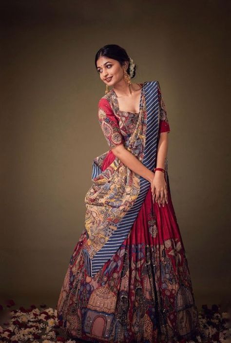 Kalamkari Dresses, Kids Party Wear Dresses, Blouse Designs High Neck, Lehenga Saree Design, Long Frock Designs, Half Saree Lehenga, Sari Design, Lehenga Designs Simple, New Saree Blouse Designs