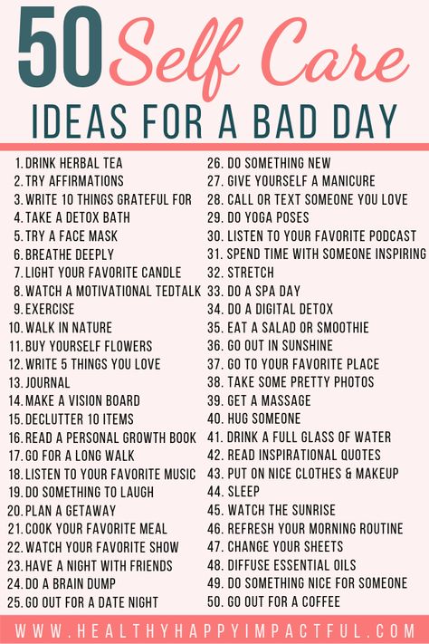 50 Self Care Ideas for a bad day (free printable)! Take care of your mental health with these easy self-care activities and self-care tips to make you feel better. Helpful things to do for women to take care of their mind, body, and soul. #loveyourself #selfcare #selflove #personalgrowth #mentalhealth Selamat Hari Valentine, Tenk Positivt, An Organized Home, Inspirerende Ord, Organized Home, 52 Weeks, Vie Motivation, Life Tips, Self Care Activities