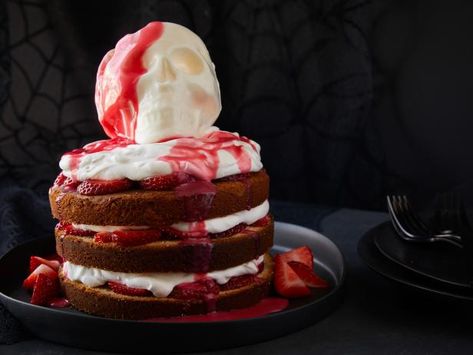 Get Halloween Strawberry Shortcake Skull Cake Recipe from Food Network White Chocolate Sauce, Skull Cake, Salty Cake, Halloween Desserts, Round Cake Pans, Round Cakes, Halloween Recipes, Savoury Cake, Strawberry Shortcake