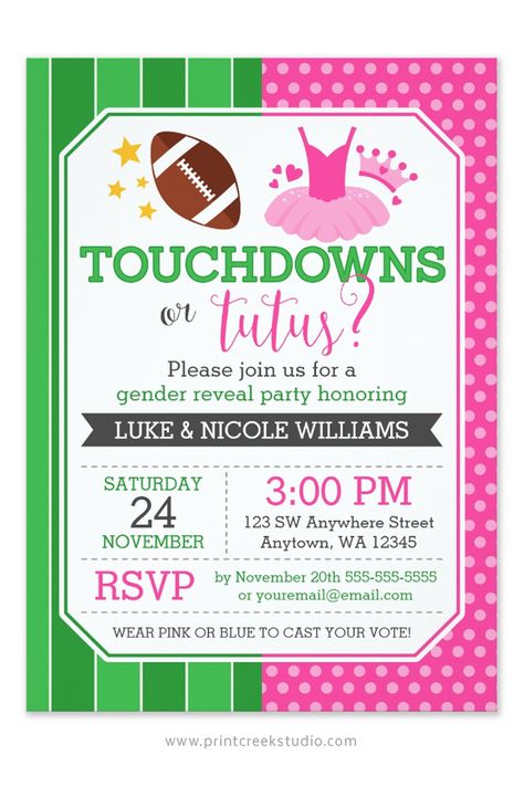 Touchdowns or tutus gender reveal party invitation. Design features a football and cute pink tutu illustration. Football Gender Reveal Party, Sports Gender Reveal, Touchdowns Or Tutus Gender Reveal, Bee Themed Gender Reveal, Football Gender Reveal, Bow Gender Reveal, Gender Reveal Party Invitations, Gender Party, Baby Gender Reveal Party