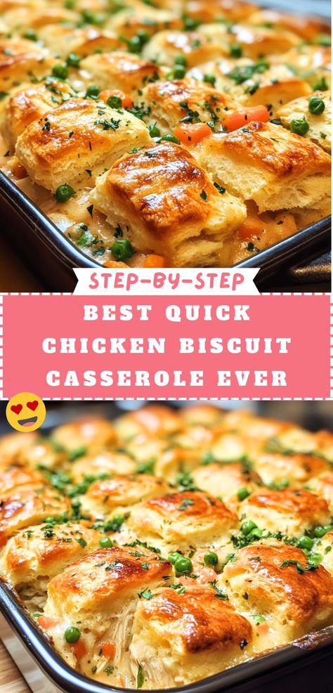 A golden-brown Chicken Biscuit Casserole topped with fluffy biscuits, green peas, and fresh parsley, baked to perfection in a black baking dish. Biscuit Casserole Recipes, Cubed Chicken Recipes, Steak Crock Pot Recipes, Cube Steak Crock Pot Recipes, Chicken Biscuit Casserole, Biscuit Recipes Dinner, Baked Chicken Casserole, Biscuit Casserole, Quick Casseroles