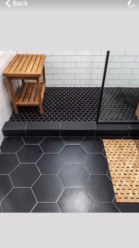 Black Matte Hexagon Tile Bathroom, Dark Hexagon Tile Bathroom, Honeycomb Tiles, Black Bathroom Floor Tile Ideas, Black Honeycomb Tile Bathroom, Black Shower Floor, Honeycomb Tiles Bathroom, Black Hexagon Tile Bathroom, Hexagon Shower Floor