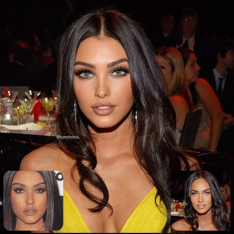 Madison Beer And Megan Fox Mixed, Megan Fox And Madison Beer Face, Madison Beer Face Morph, Madison Beer Megan Fox Face Morph, Megan Fox And Madison Beer, Brunette With Blue Eyes, Black Hair Brown Eyes, Madison Beer Hair, Tanned Makeup