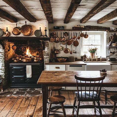 Outlander Inspired Kitchen, Outlander House Aesthetic, Small Tudor Style Homes, 1800s Kitchen, Kitchen Fireplaces, Hearth Kitchen, Small Kitchen Diner, Aga Stove, Tudor Kitchen