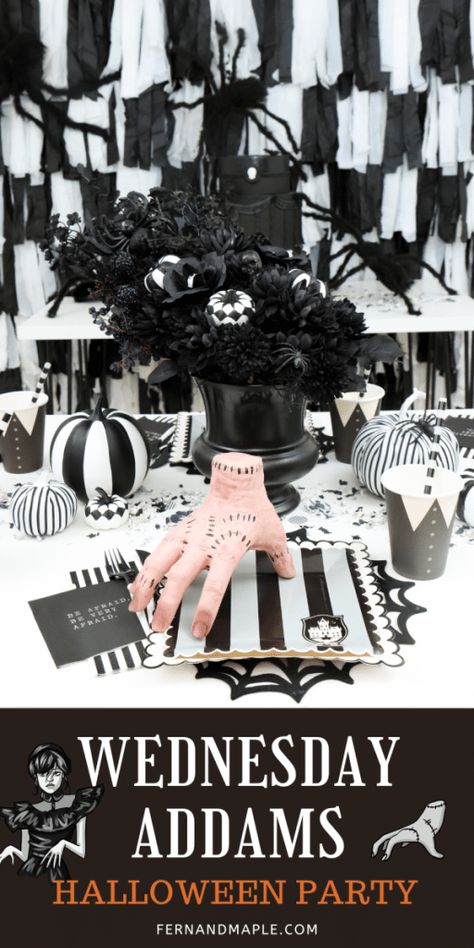 Set up a Wednesday Addams Halloween party with a frightening fringe backdrop, dark DIY décor, spooky place settings, and more! Wednesday Addams Halloween, Spooky Places, Fringe Backdrops, Halloween Front Porch, Diy D, Halloween Pins, Halloween Party Ideas, Diy Birthday Party, Happy Party