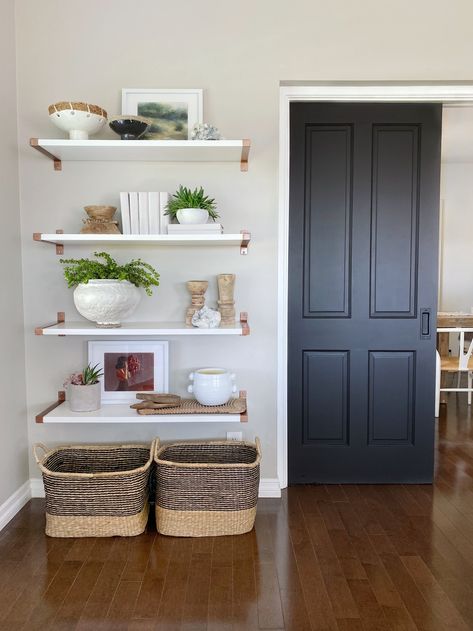 Painting Our Pocket Doors Black – The Heart and Haven Pocket Door Ideas, Pocket Doors Bathroom, Pocket Door Handles, Sliding Pocket Doors, Popular Paint Colors, Painted Desk, Pocket Door, Bedroom Color Schemes, Black Doors