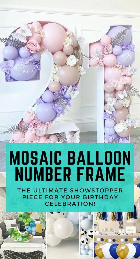 Mosaic Balloon Number Frame: The Ultimate Showstopper For Your Birthday Party (2023) Mosaic Balloon Numbers, Balloon Mosaic Number, Adult Birthday Party Ideas, Mosaic Balloon, Sweet Birthday Party, Mosaic Frames, Balloon Mosaic, Balloon Numbers, Mosaic Frame