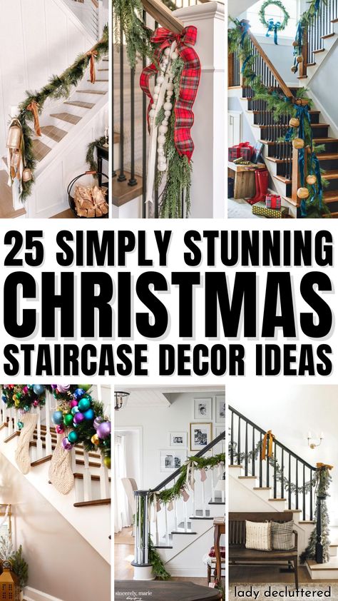 25 Simple Stunning Christmas Staircase Decor Ideas Christmas Decoration For Stairs Railings Banisters, Christmas Railings Decor, Bannister Christmas Decor Garlands, Christmas Bannister Ideas Diy, Ribbon Staircase Christmas, Two Story Foyer Christmas Decor, Christmas Decor Stairway, Christmas Indoor Staircase Decor, Christmas Garland Ideas For Stairs