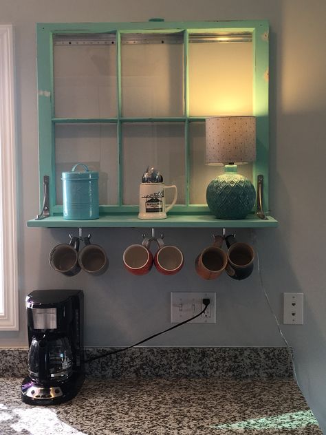 Repurposed Old Window - to a useful Shelf for a coffee Bar. Upcycled Window Frames, Window Frame Shelves, Old Window Upcycle, Refurbished Window Frames, Repurposed Old Window Ideas, Uses For Old Windows, Repurposed Windows Ideas, Things To Do With Old Windows, Repurposed Window Frames