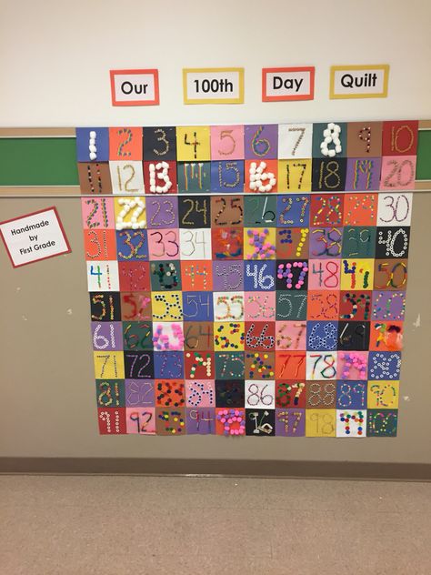 100 th day of school display- just a pic- using 6x6 pieces of construction paper in 10 colors I wrote the numbers 1-100 in black sharpie.  Giving 25 numbers to each first grade class, we used  5 craft materials each to glue onto the number... Ex. Stickers, Pom poms, yarn, toothpicks, cotton balls, beans, etc.  we then hung the pieces in a quilt display and titled it"our 100 th day quilt" the kids were so excited to see their number as part of the quilt! 100th Day Of School Schoolwide, 100 Días De Clases, 100th Day Of School Crafts, 100s Day, School Display, 100 Day Of School Project, February Classroom, Quilt Display, 100 Day Celebration