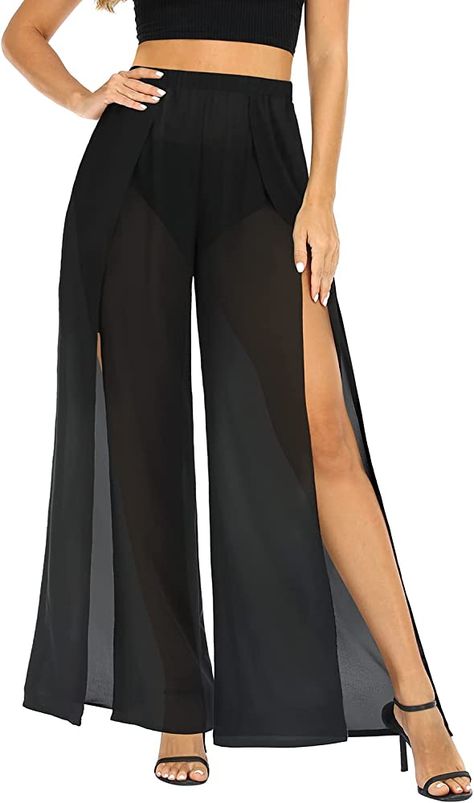 Pinup Fashion Cover Up Pants Swimwear Women Black High Waisted Swimsuit Summer Pants Sheer Flowy Wide Leg Coverup Pants at Amazon Women’s Clothing store Bathing Suit Ideas, Black High Waisted Swimsuit, Stylish Summer Dresses, Jumpsuit Coverup, Pinup Fashion, Cover Up Pants, Pool Yoga, Split Pants, Skirt Coverup