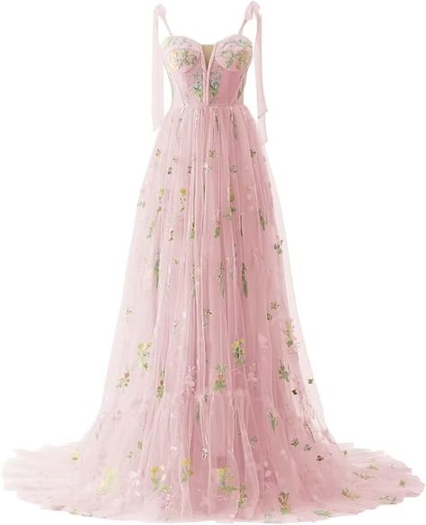 Tulle Prom Dress Long, Prom Dresses Corset, Pastel Pink Dress, Flower Prom Dress, Tulle Prom Dresses, Printed Prom Dresses, Embroidery Tulle, Evening Party Gowns, Birthday Party Dress