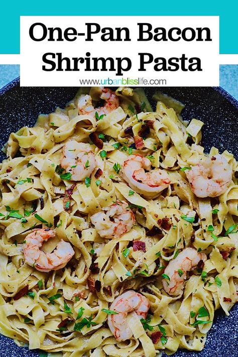 One-Pan, 30-minute, Dairy-Free Bacon Shrimp Pasta is the ultimate comfort food, fast! Get the recipe plus cooking tips on UrbanBlissLife.com #pasta #bacon #shrimp #seafood #seafoodpasta #comfortfood #familyrecipes #30minutemeals #dairyfree #nondairy #pastarecipes Pasta Dairy Free, Bacon Shrimp, Shrimp Pasta Dishes, Pasta Bacon, Shrimp Pasta Recipe, One Pan Pasta, Tagliatelle Pasta, Dairy Free Pasta, Fast Dinner