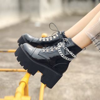 Sepatu Platform, Chunky Heel Platform Boots, Boot Chains, Platform Combat Boots, Goth Shoes, Mode Punk, Faux Leather Boots, Estilo Punk, Zipper Boots