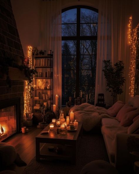 Cozy Lighting Living Room Night, Winter Apartment Aesthetic, Candlelit Apartment, Candlelit Living Room, Candle Lit Living Room, Fireplace Aesthetic Cozy, Cozy Couch Aesthetic, Cozy Fireplace Seating, Cozy Fireplace Aesthetic