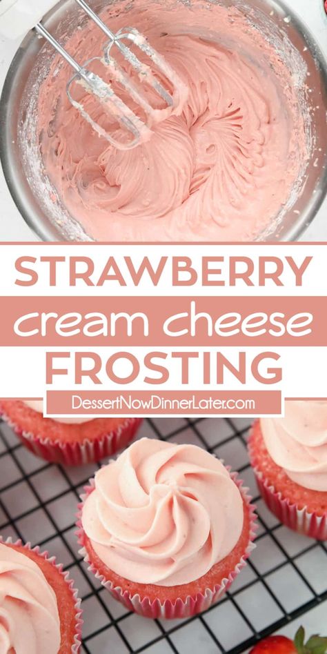 Strawberry Cream Cheese Frosting is easy to make with jam. It's fruity, creamy, and slightly tangy. Perfect for spreading or piping onto cakes and cupcakes. Strawberry Cake Recipe Cream Cheese Frosting, Cupcake Recipes With Cream Cheese Frosting, Cream Cheese Frosted Cupcakes, Strawberry Cupcake Frosting Recipe, Strawberry Cake With Strawberry Cream Cheese Icing, Homemade Strawberry Icing For Cake, Strawberry Cake Frosting Recipes, Strawberry Cream Cheese Frosting Recipe, Strawberry Cream Cheese Buttercream