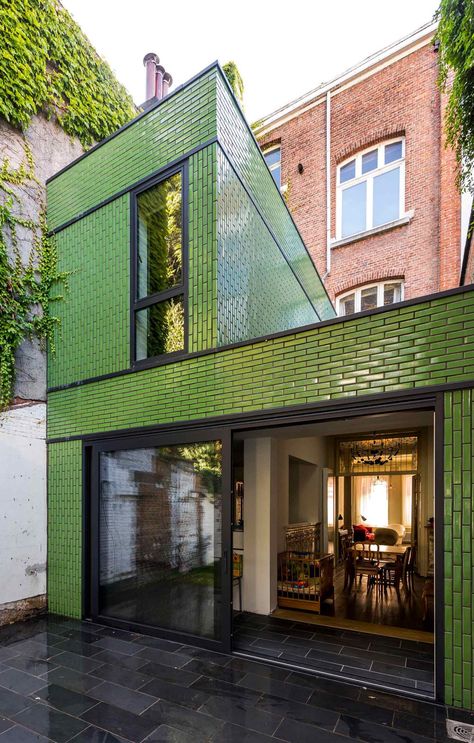 town house in zurenborg modern green brick facade front view Brickwork Architecture, Green Tiles, Green Facade, House Cladding, Glazed Brick, Wood Cladding, Brick Architecture, Brick Facade, Exterior Wood