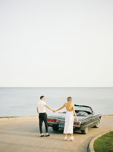 This engagement session is just so dreamy! I love the tones and the whole mood of this shoot! The classic car adds such a nice touch! #emilymichelson #photography #engagement #photoshoot #love #couples #toronto #canada Vintage Car Engagement Photos Beach, Film Style Engagement Photos, Classic Car Engagement Photos, Casual Prenup, Mustang Photoshoot, Wedding Photoshooting, Car Engagement Photos, Car Couple, Car Shoot