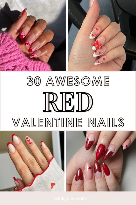 30 Amazing Red Valentine Nail Ideas - Red White Valentine Nails, Nude Nails With Red Tips, Chic Valentines Nails, Red Valentine’s Day Nails, February Nails Ideas Valentines Day Red, Valentine S Day Nail, Red And Pink Nails Ideas, Feb Nails Valentines Day, Pink And Red Nail Designs