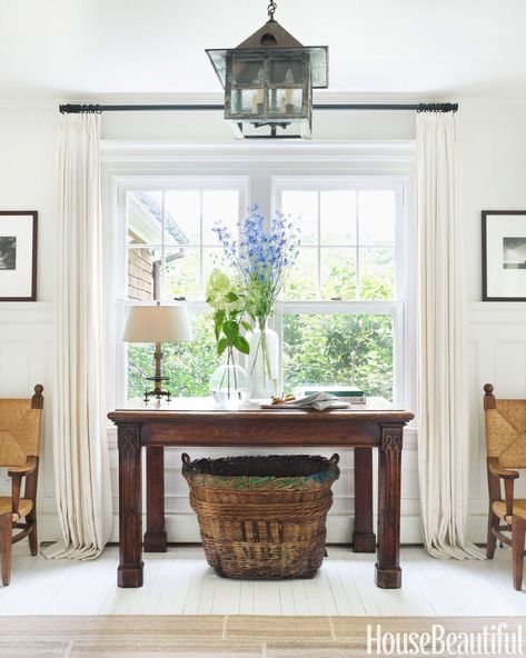 How To Style The Space Under A Console Table | Once Again, My Dear Irene Hamptons Cottage, Console Styling, Cottage Design, Cool Ideas, Blue Interior, Painted Floors, Shaker Style, Cafe Design, Cottage Chic