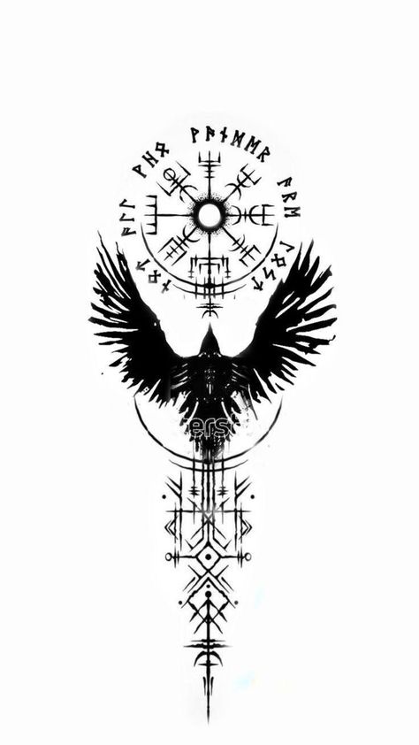 Nordic Crow Tattoo, Dark Nordic Tattoo, Odin's Crows Tattoo, Stag Chest Tattoo, Odin Crows Tattoo, Blind Runes, North Mythology Tattoo, Nordic Tattoo Men, Viking Chest Tattoo