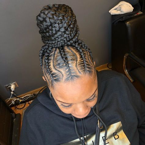 Stitch Braid Bun, Feedin Ponytail Braids, Nice Braids, Cornrow Updo Hairstyles, Labor Prep, Black Hair Bun, Feed In Ponytail, Corn Rows, Feed In Braids