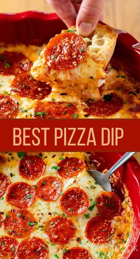 Pizza Dip is the BEST appetizer recipe with cream cheese, sour cream, marinara, mozzarella, Parmesan, and your favorite pizza toppings! This is a greeat party snack! Pizza Bites Appetizer, Pepperoni Dip, Oven Baked Pizza, Pizza Dip Recipes, Pepperoni Pizza Dip, Pepperoni And Cheese, Recipe With Cream Cheese, Best Appetizer, Pizza Appetizers