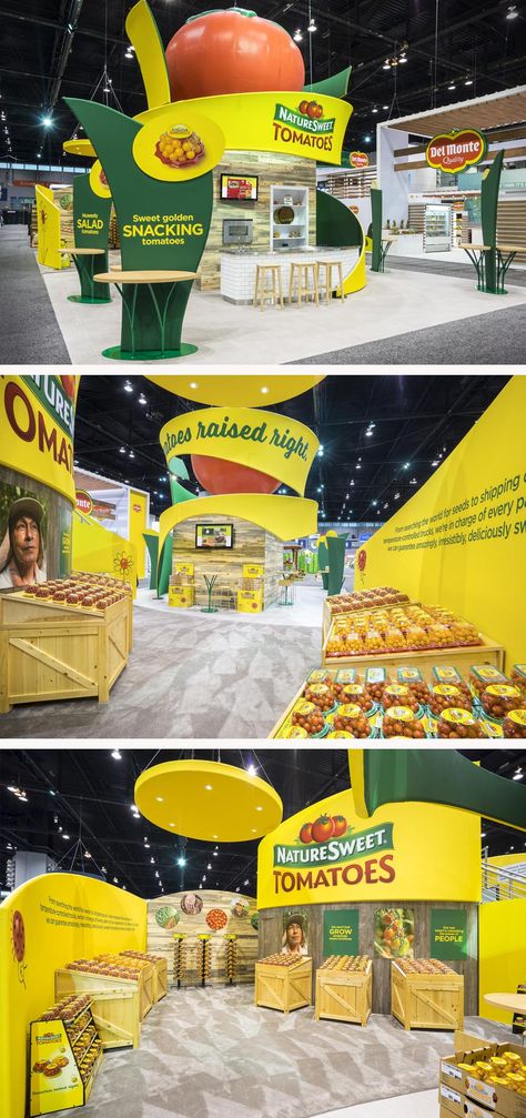 The Nature Sweet booth is the anchor at the United Fresh trade show. The bold use of color, swooping fabric displays and a massive tomato blimp set this exhibit apart from all the rest. Click to view more show stopping booths by Condit. Convention Booth Set Up, Convention Booth Ideas, Creative Booth Design Exhibition Stands, Creative Trade Show Booth, Trade Show Booth Ideas, Art Convention, Show Booth Ideas, Island Booth, Convention Booth