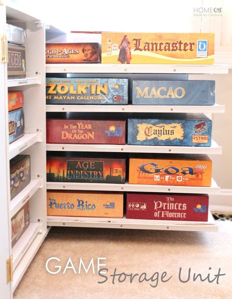 DIY Board Game Storage Unit - Home Made By Carmona// has pull out shelves Board Game Room, Board Games Diy, Board Game Storage, Board Game Organization, Open Bookshelves, Game Room Family, Board Game Table, Game Organization, Game Storage