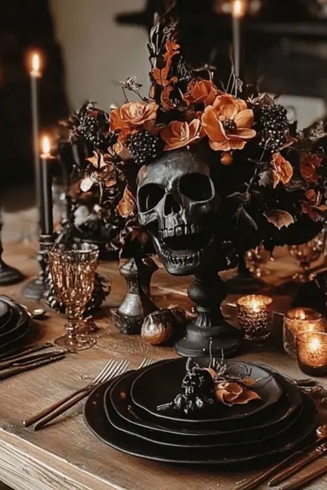 Looking to impress your guests this Halloween? Check out our charming Halloween dinner party table settings that will create a spooky and festive atmosphere for your holiday gathering. With easy and creative decorative ideas, learn how to set your table with eerie tableware, themed centerpieces, and themed dishes. From traditional pumpkins to ghost-themed decorations, discover unique recipes, tools, and arrangements that are not only fun but also easy to replicate. Set the mood for a hauntingly delightful evening!  Simple steps to grab attention this spooky season. Halloween Dinner Party Table, Spooky Tablescape, Skull Centerpiece, Halloween Dinner Party, Spooky Dinner, Themed Centerpieces, Halloween Table Settings, Dinner Party Table Settings, Traditional Pumpkin