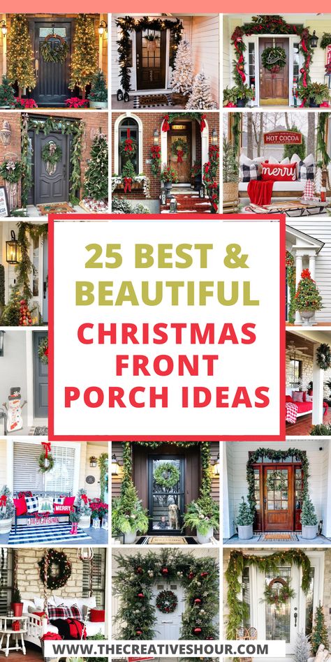 25 Festive And Gorgeous Christmas Front Porch Ideas Outside Christmas Tree Ideas Front Porches, Large Front Porch Christmas Decor Ideas, Front Porch Ideas Christmas Decor, Front Porch With Christmas Tree, Front Porch Decorating Ideas Christmas, Christmas Entryway Decor Outdoor, Christmas Porch Trees Decorating Ideas, Country Christmas Front Porch Decor, Christmas Decoration For Front Porch