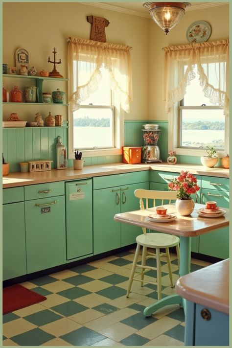 Step back in time with this delightful retro 1950s kitchen design featuring a stunning checkerboard floor and coastal accents. Perfect for lovers of vintage style, this kitchen blends nostalgia with summery vibes. Discover the colors, patterns, and decor ideas that will bring the allure of a classic diner into your home! Retro Kitchen Cabinets, Retro Kitchen Accessories, Retro Kitchen Appliances, 1940s Kitchen, Best Kitchen Colors, 1950s Kitchen, Retro Tiles, Shaker Style Cabinets, Classic Tile