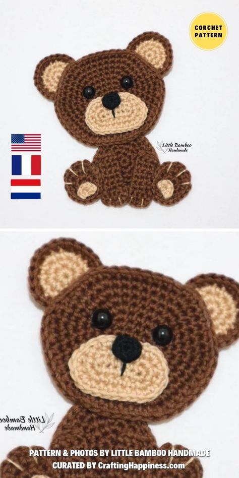 This collection of crochet animal appliques is perfect for baby blankets, pillows, and baby outfits curated by Crafting Happiness. Crochet Teddy Bear Applique Pattern Free Easy, Teddy Bear Crochet Applique, Crochet Teddy Bear Applique Pattern Free, Teddy Bear Applique Pattern Free, Crochet Animal Applique Patterns Free, Bear Applique Pattern Free, Crochet Applique Patterns Free Animal, Animal Applique Patterns, Crochet Animal Applique