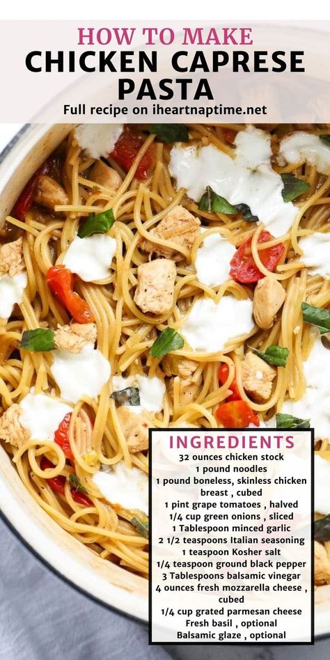 Chicken Caprese Pasta, Chicken Caprese, Asian Vegetarian Recipes, Family Dinner Night, Caprese Pasta, I Heart Naptime, Veggie Dinner, Caprese Chicken, One Pot Chicken