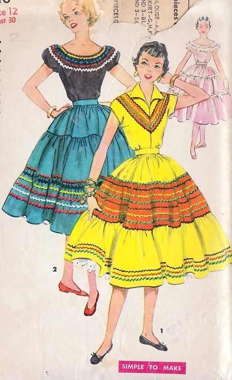 theniftyfifties: 1957 sewing pattern illustrations Peasant Blouses Pattern, Western Rockabilly, Square Dance Dresses, Patio Dress, Sewing Vintage, 1950 Fashion, Square Dance, Color Illustration, Vintage Dress Patterns