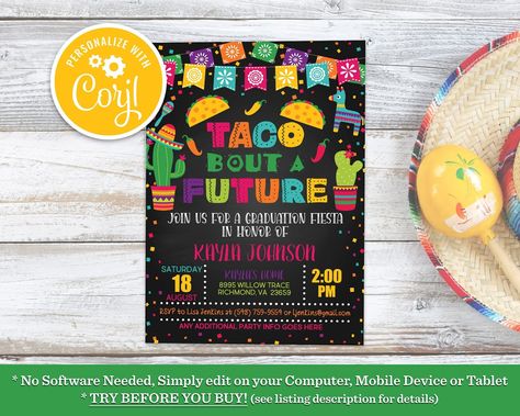 Taco Bout a Future, Fiesta Grad Party, Fiesta Graduation Invitation, Fiesta Graduation Party Invite, Fiesta Graduation Party, Class of 2023 by BDPDesigns on Etsy Fiesta Graduation Party, Edible Cupcake Toppers, Graduation Invitation, Class Of 2023, Graduation Party Invitations, Printed Invitations, Grad Party, Party Items, Graduation Invitations